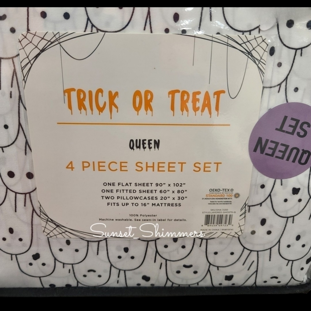 Halloween Trick or Treat Ghost Queen Size Sheet Set Black & White NEW - Picture 2 of 2